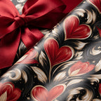 Luxury Valentine's Day wrapping paper with red hearts and a satin bow by Wrapped Studios.