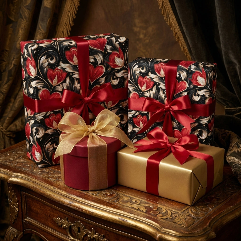 Luxury red and black floral wrapping paper on elegant gift boxes with satin ribbons by Wrapped Studios.