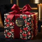 Luxury Valentine's Day wrapping paper with red hearts, black floral pattern and a satin bow by Wrapped Studios.