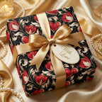 Romantic Valentine's Day wrapping paper with red floral heart pattern and gold bow by Wrapped Studios.