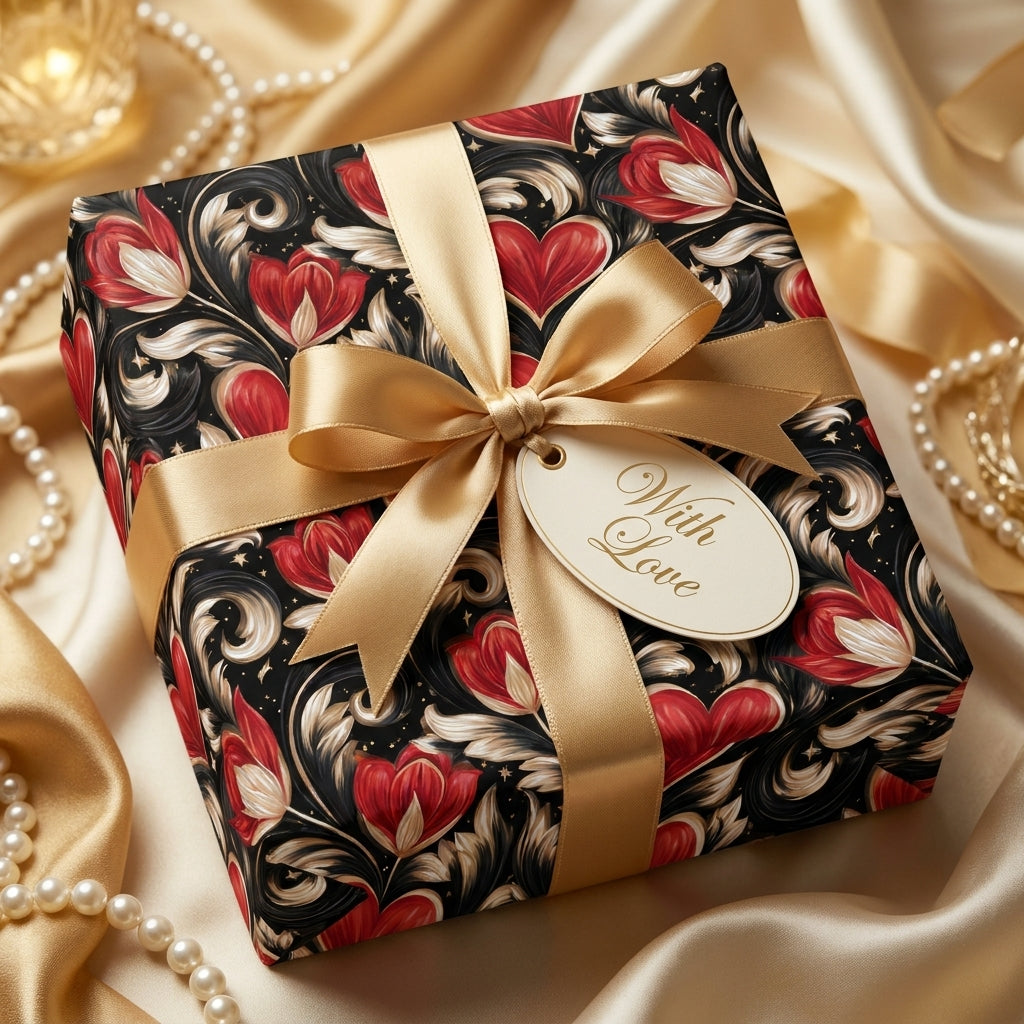 Romantic Valentine's Day wrapping paper with red floral heart pattern and gold bow by Wrapped Studios.