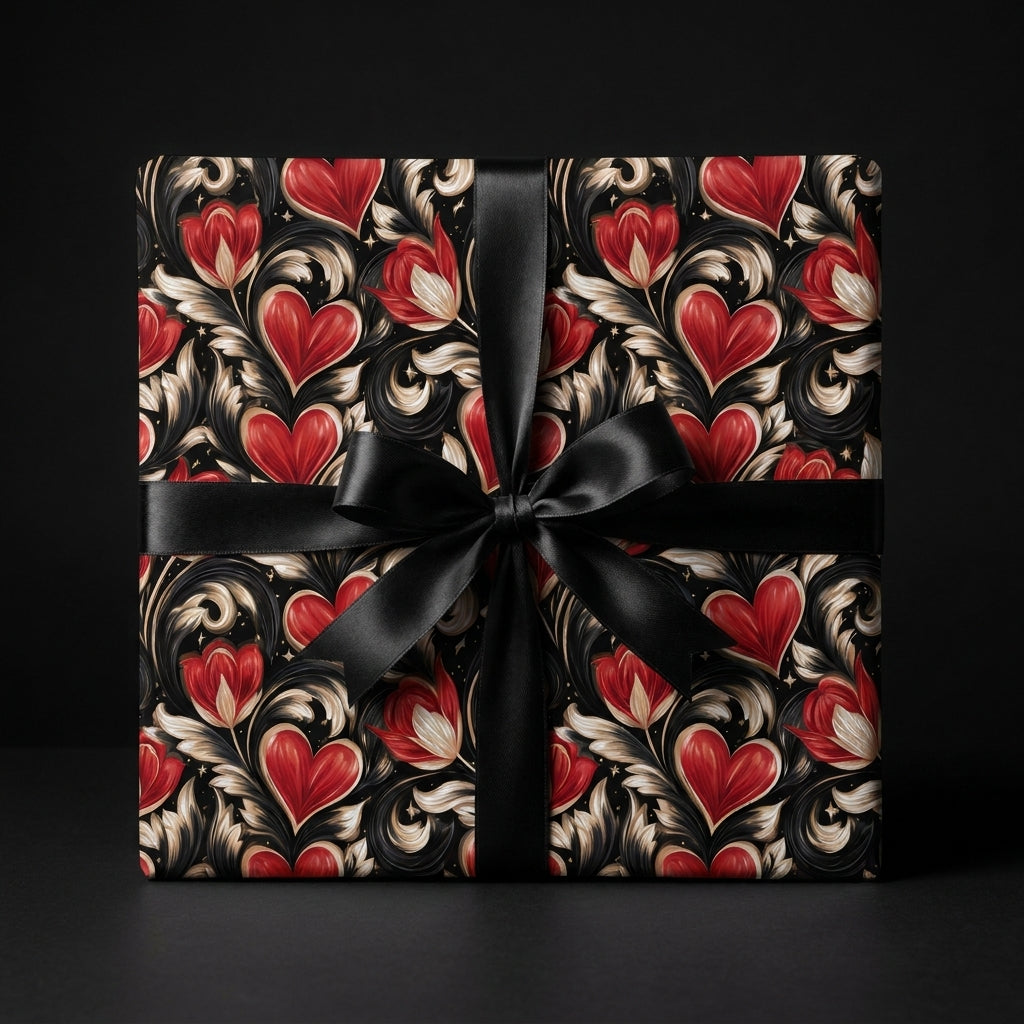 Gothic romantic wrapping paper with red hearts and a black satin bow on a gift box by Wrapped Studios.