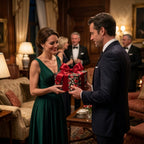 Man giving a gift in luxury floral heart wrapping paper with a red bow by Wrapped Studios.