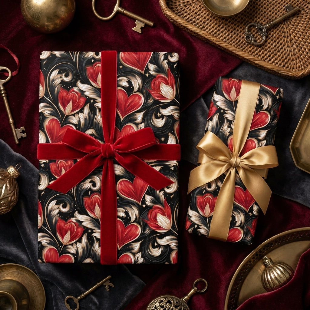 Romantic heart and floral luxury gift wrap by Wrapped Studios, featuring red velvet and gold ribbons.