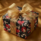 Luxury black floral and heart wrapping paper with a gold bow by Wrapped Studios.