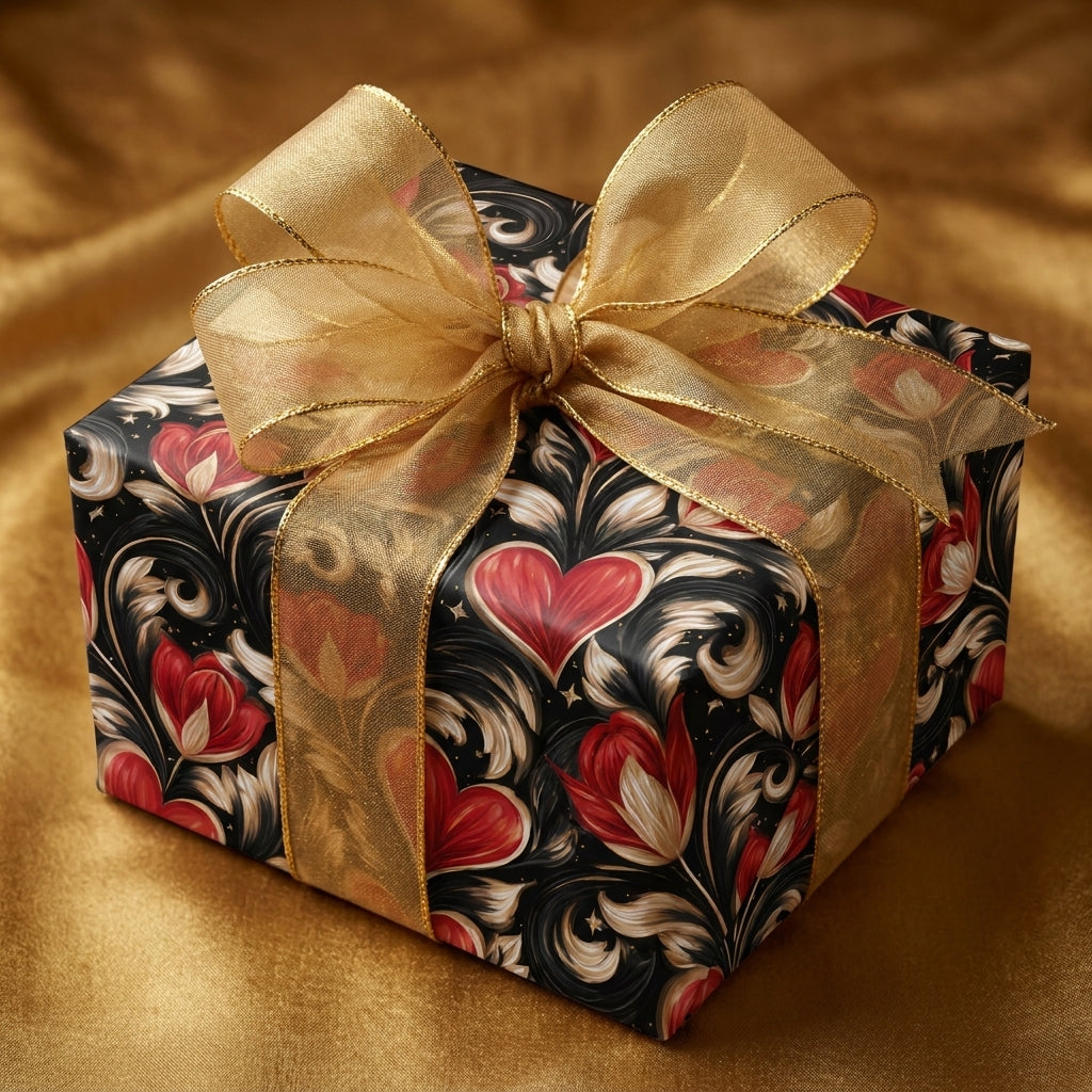 Luxury black floral and heart wrapping paper with a gold bow by Wrapped Studios.