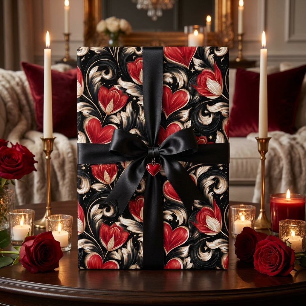 Luxury Valentine's wrapping paper with red hearts and a black ribbon, Wrapped Studios.