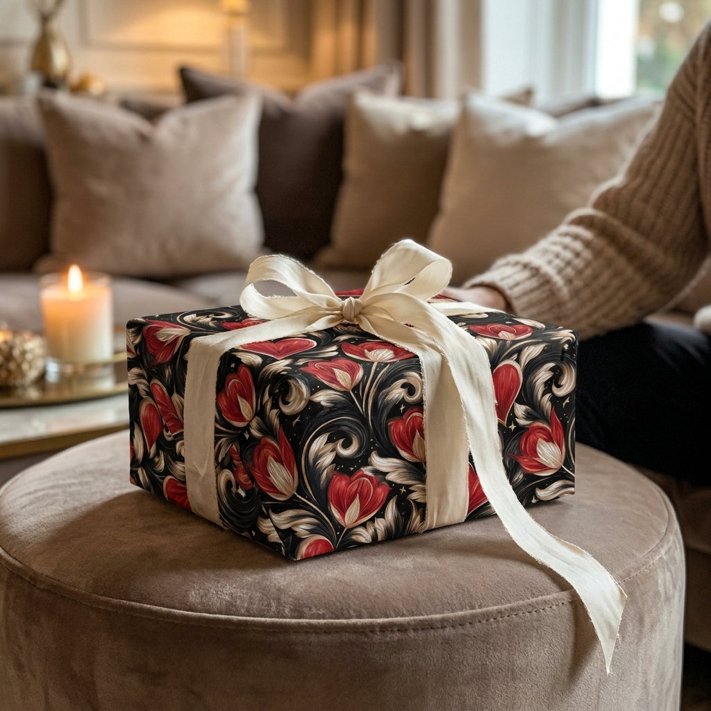 Luxury floral wrapping paper with red tulips on black, tied with a cream bow by Wrapped Studios.