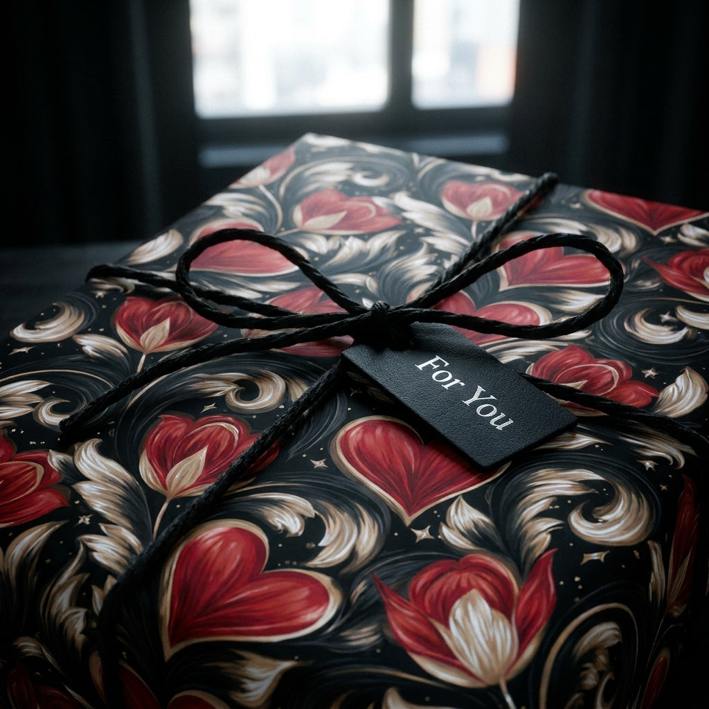 Romantic floral wrapping paper with red hearts on black, luxury gift wrap by Wrapped Studios.