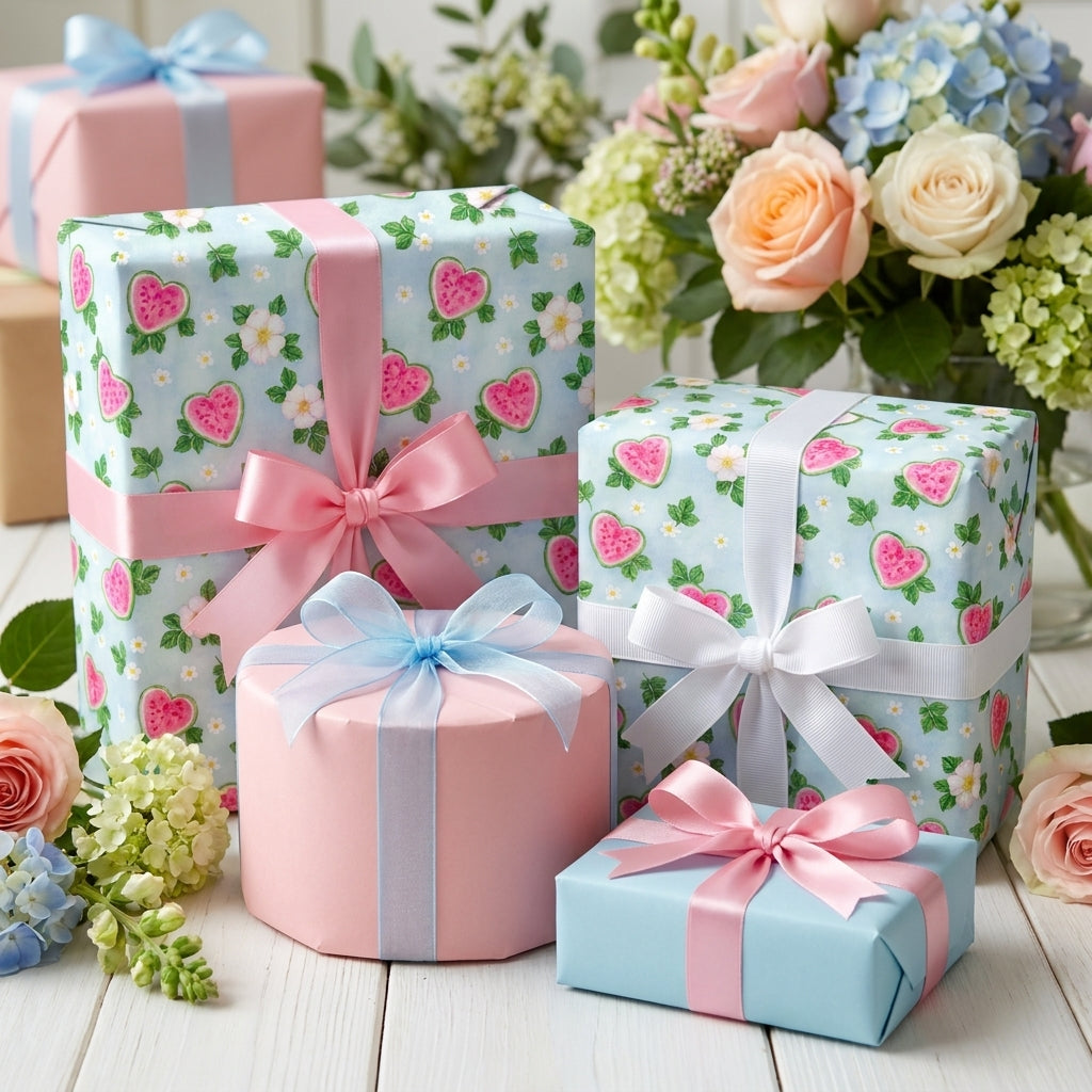 Pastel floral wrapping paper with strawberry hearts on gift boxes by Wrapped Studios.
