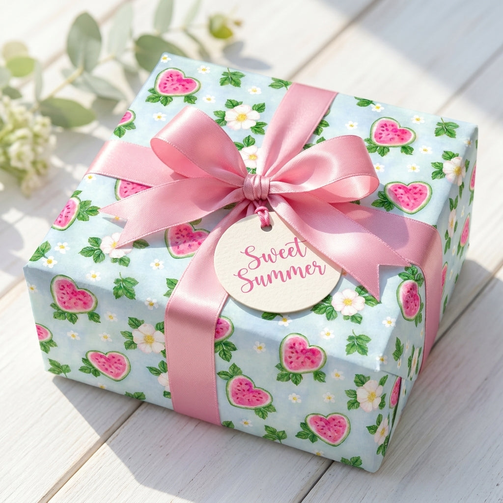 Cute watermelon wrapping paper with a pink satin bow on a summer gift box by Wrapped Studios.