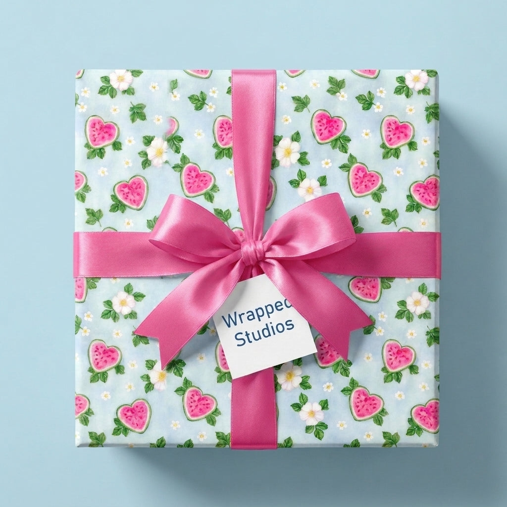 Heart watermelon wrapping paper with a pink satin bow on a gift box, by Wrapped Studios.