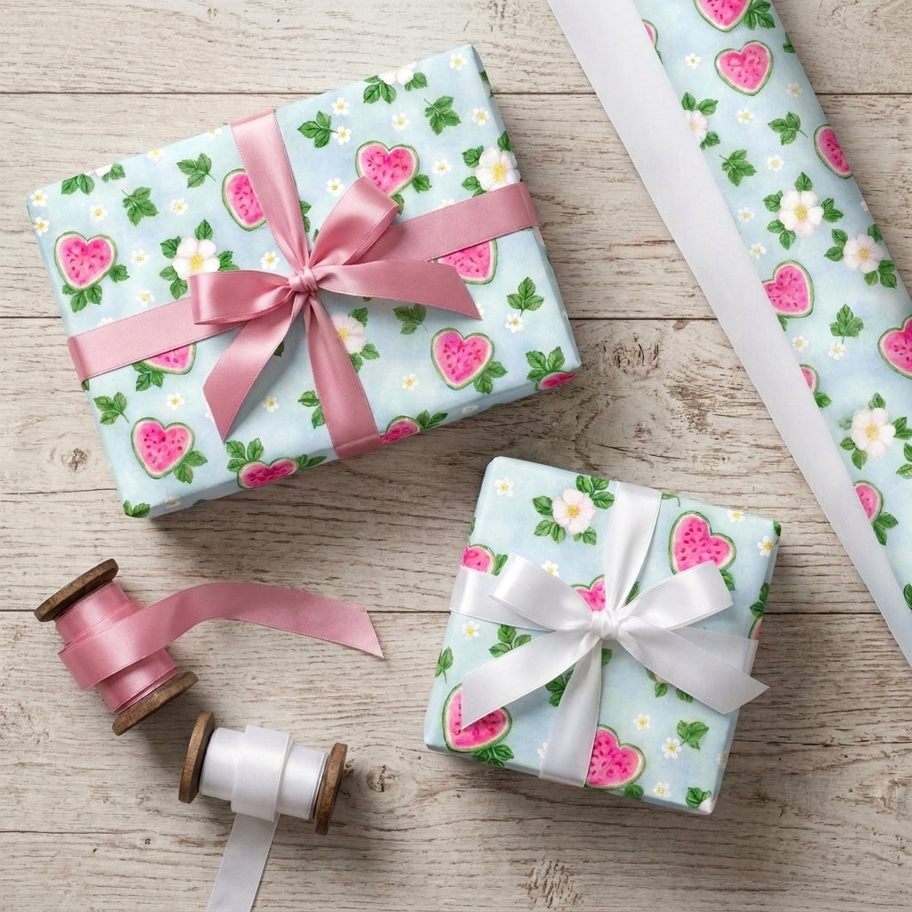 Cute watermelon floral wrapping paper on birthday gifts with satin ribbons by Wrapped Studios.