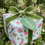 Cute watermelon wrapping paper with a green velvet bow on a gift, by Wrapped Studios.