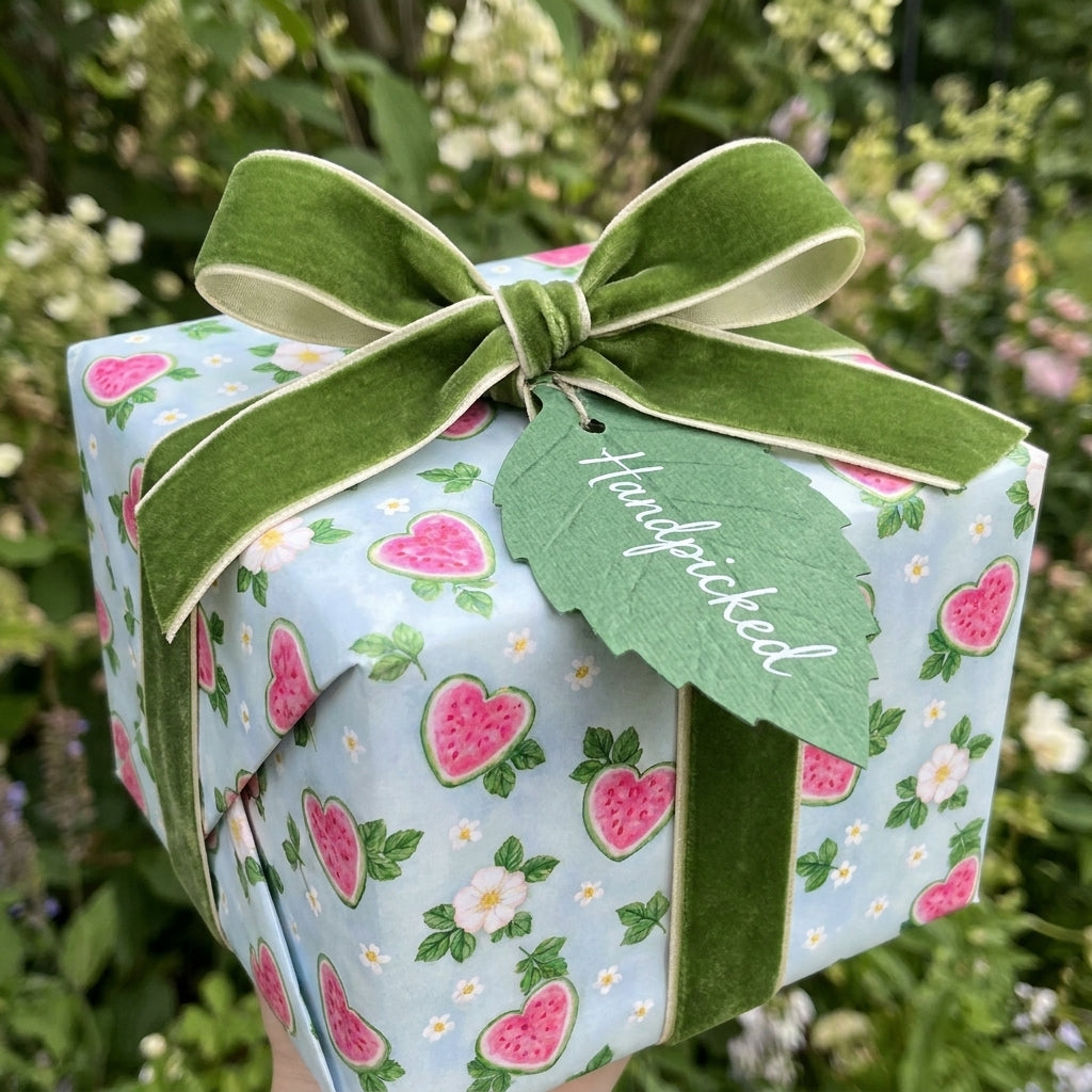 Cute watermelon wrapping paper with a green velvet bow on a gift, by Wrapped Studios.