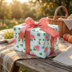 Cute watermelon birthday wrapping paper with a pink bow on a picnic table by Wrapped Studios.