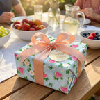 Cute watermelon wrapping paper with a peach ribbon on a summer picnic table. Gift wrap by Wrapped Studios.