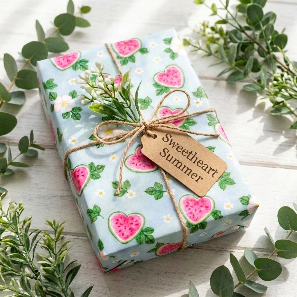 Cute watermelon heart wrapping paper on a gift box with rustic twine, summer gift wrap by Wrapped Studios.