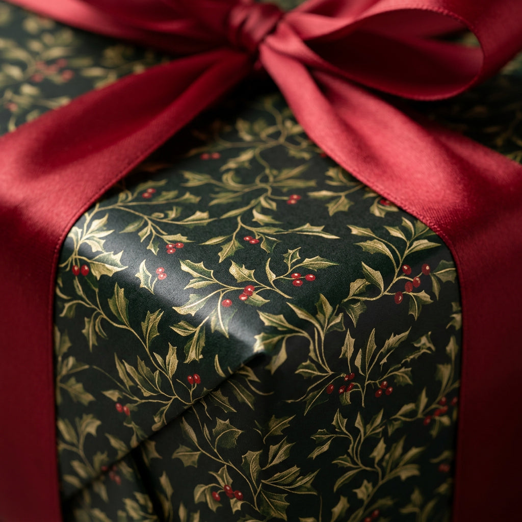 Christmas gift wrapped in green holly berry paper with red satin ribbon, by Wrapped Studios.