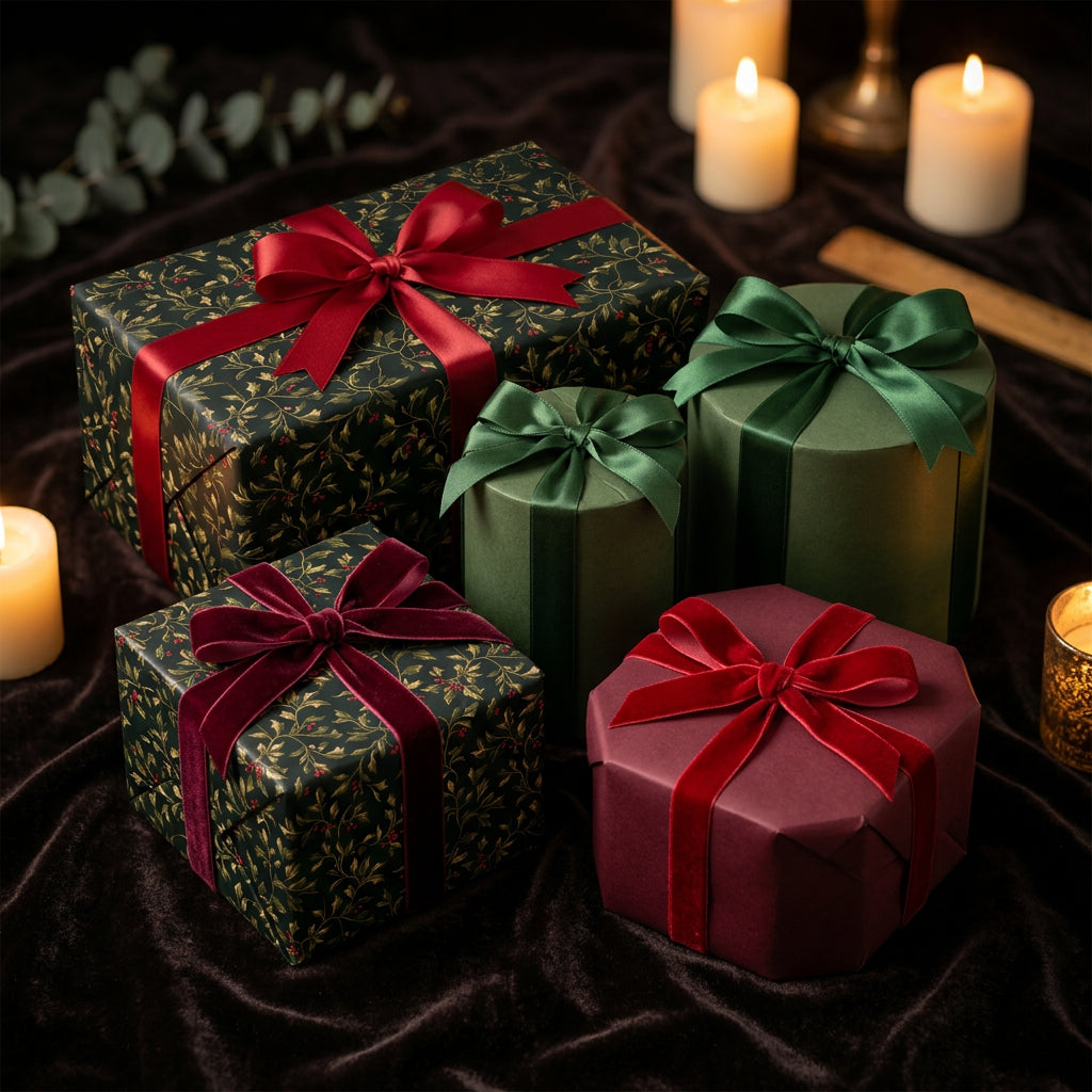 Elegant floral wrapping paper in dark green with red velvet and satin ribbon bows.