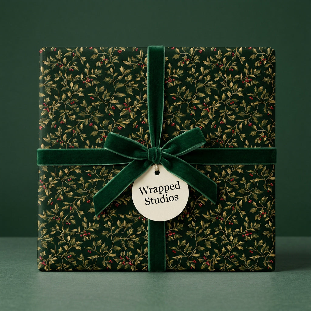 Wrapped Studios holiday gift with green velvet ribbon and holly floral Christmas wrapping paper.