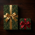 Festive Christmas gift wrap featuring a holly berry pattern and elegant satin ribbon bow.