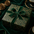 Elegant floral wrapping paper with green velvet ribbon. Luxury gift wrap from Wrapped Studios.