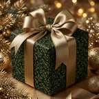Elegant Christmas gift with gold ribbon and floral wrapping paper.