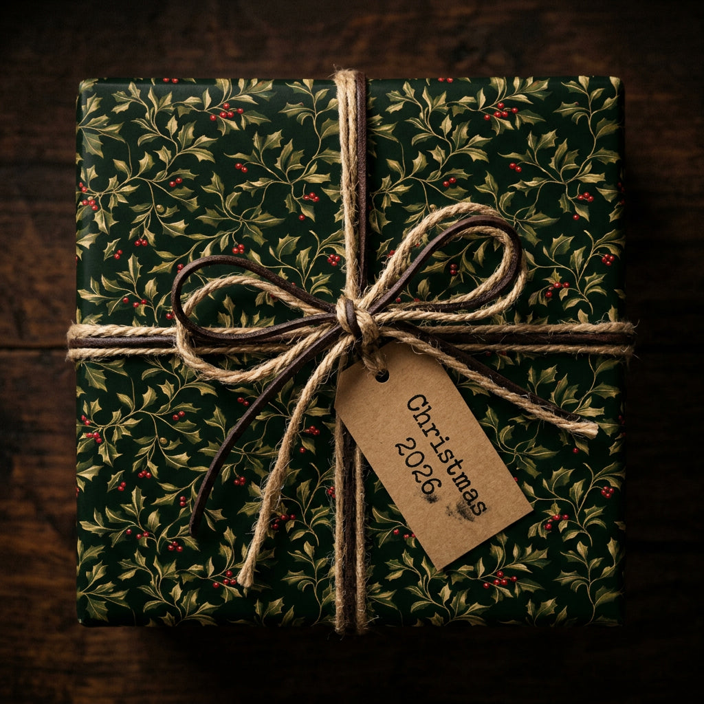 Dark green Christmas gift wrap with holly berry pattern, tied with twine and leather ribbon.
