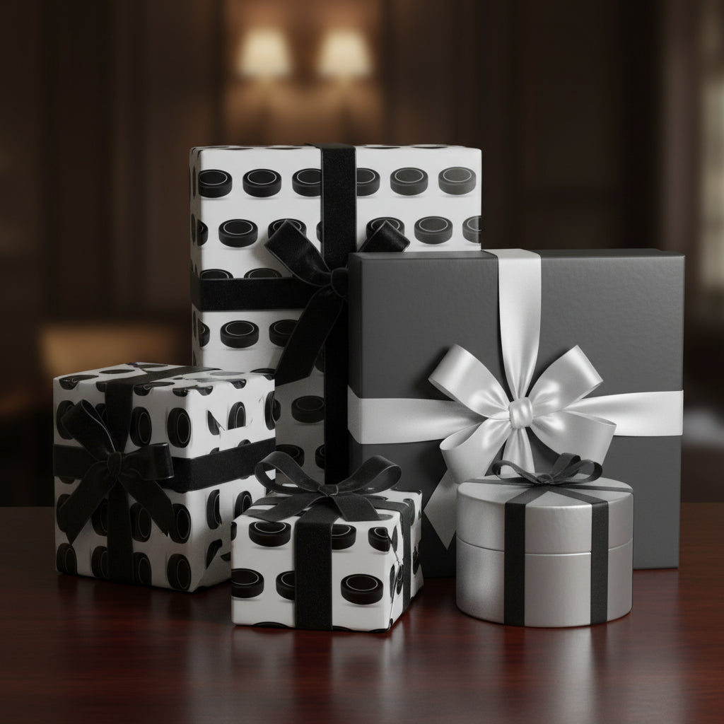 Elegant black and white wrapping paper with hockey pucks, perfect for the sports fan gift.