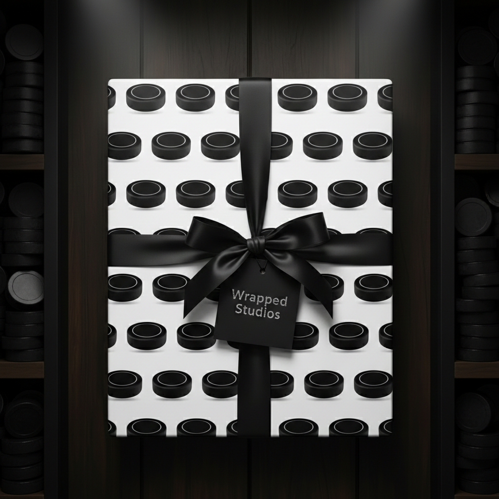Wrapped Studios hockey puck pattern wrapping paper with a sleek black satin ribbon bow.
