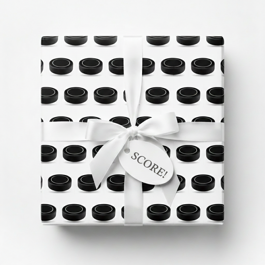 Hockey puck pattern gift wrapped with white bow and "SCORE!" tag.