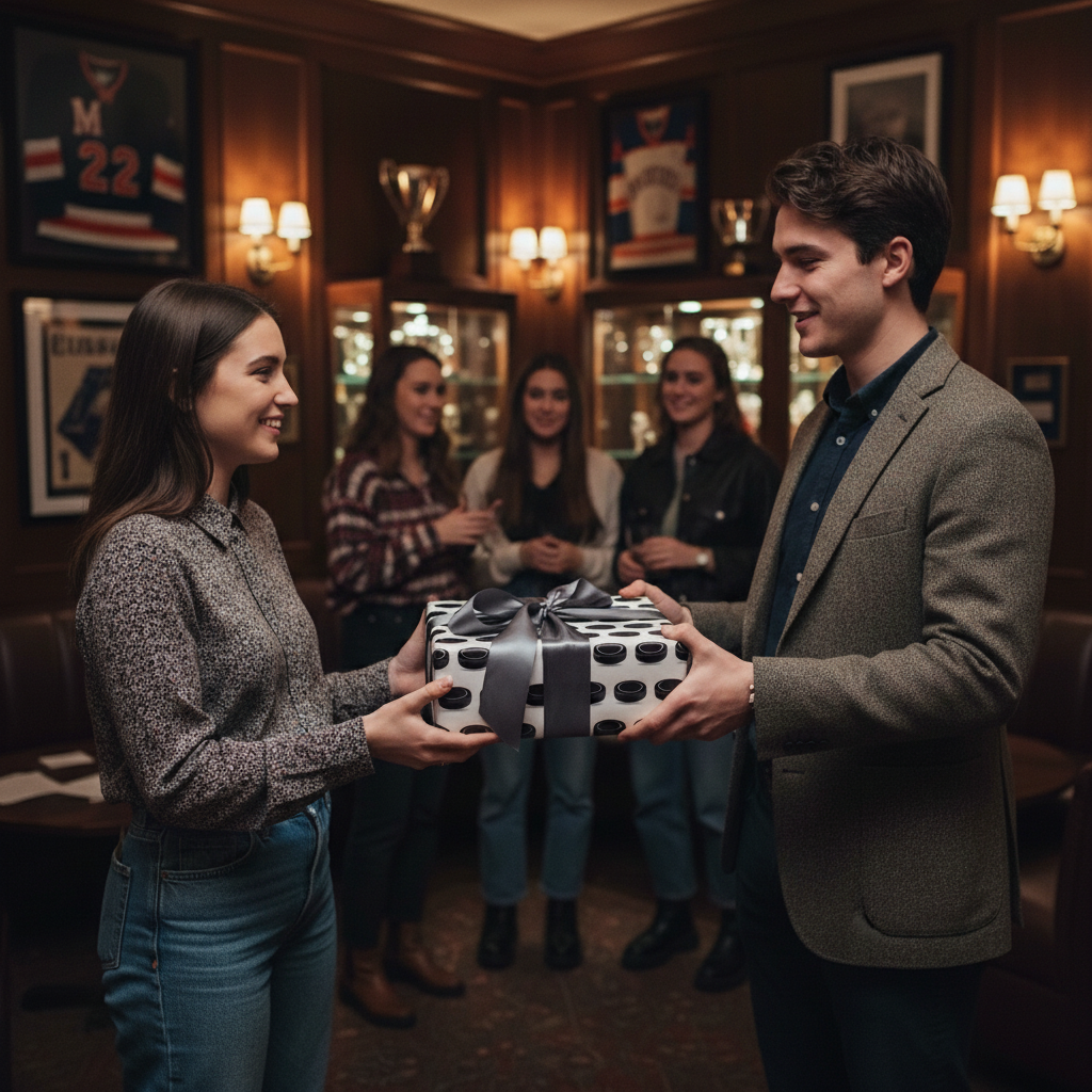 Person giving a gift wrapped in hockey puck patterned wrapping paper with a gray ribbon.