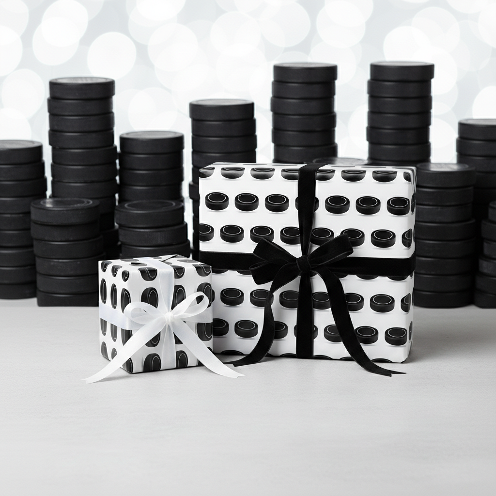 Gifts wrapped in hockey puck print wrapping paper with black and white ribbons for the hockey fan!