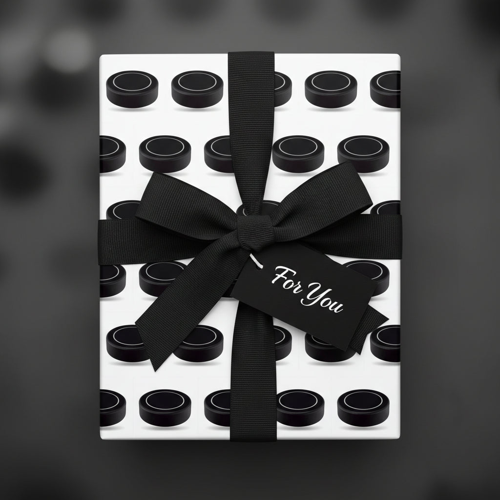 Hockey puck gift wrap with black ribbon and a "For You" tag.