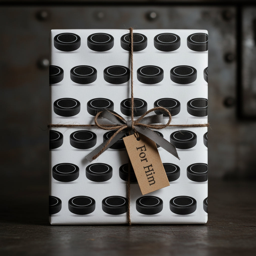 Gift box wrapped in white hockey puck wrapping paper with a grey ribbon and "For Him" tag.