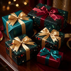 Luxury Christmas gift wrap in green confetti and jewel tones with satin bows by Wrapped Studios.