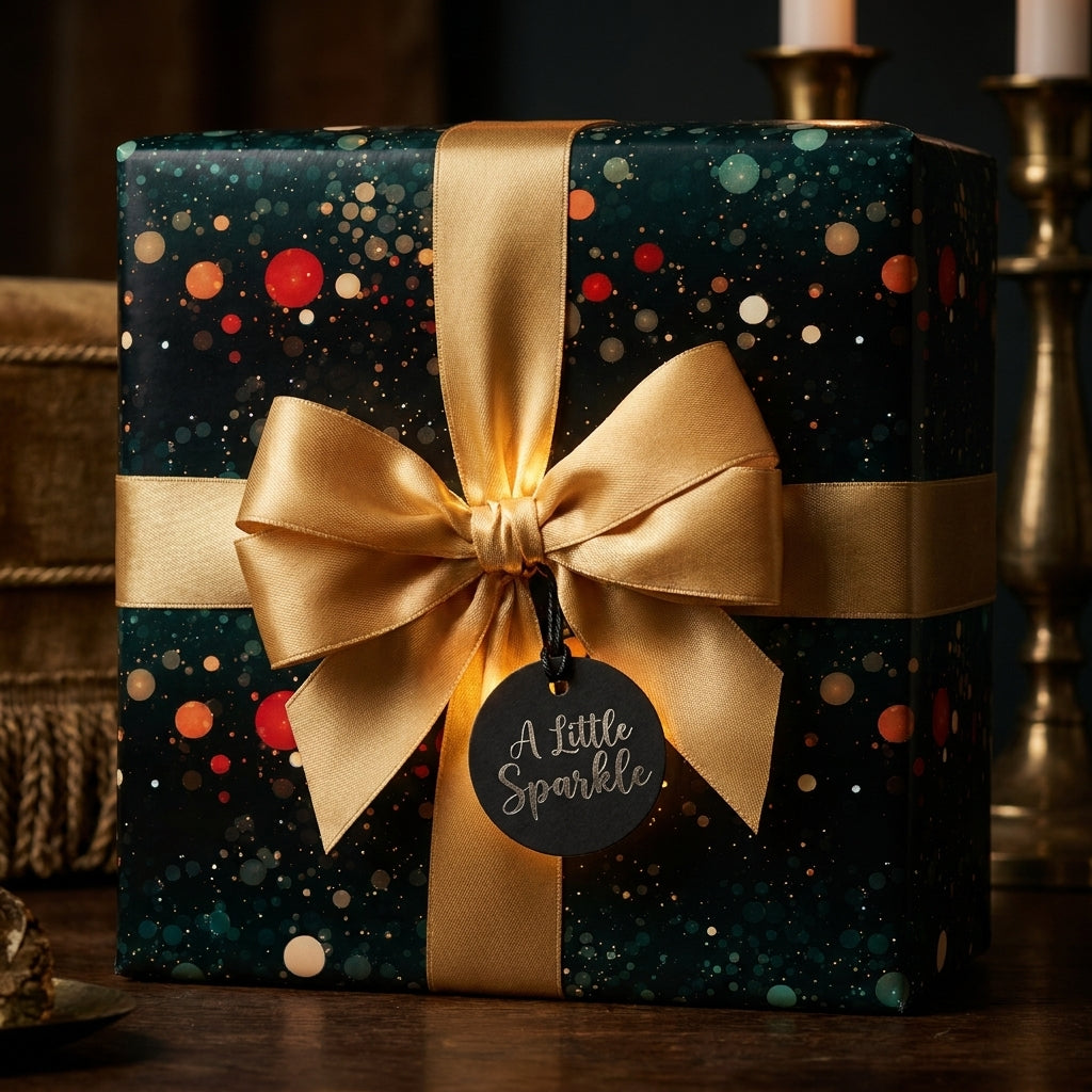 Luxury Christmas gift wrap with a gold satin bow on sparkly forest green paper by Wrapped Studios.