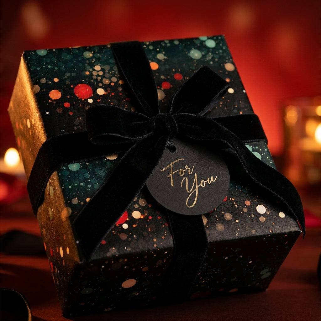 Luxury Christmas wrapping paper with bokeh light pattern and black velvet ribbon by Wrapped Studios.