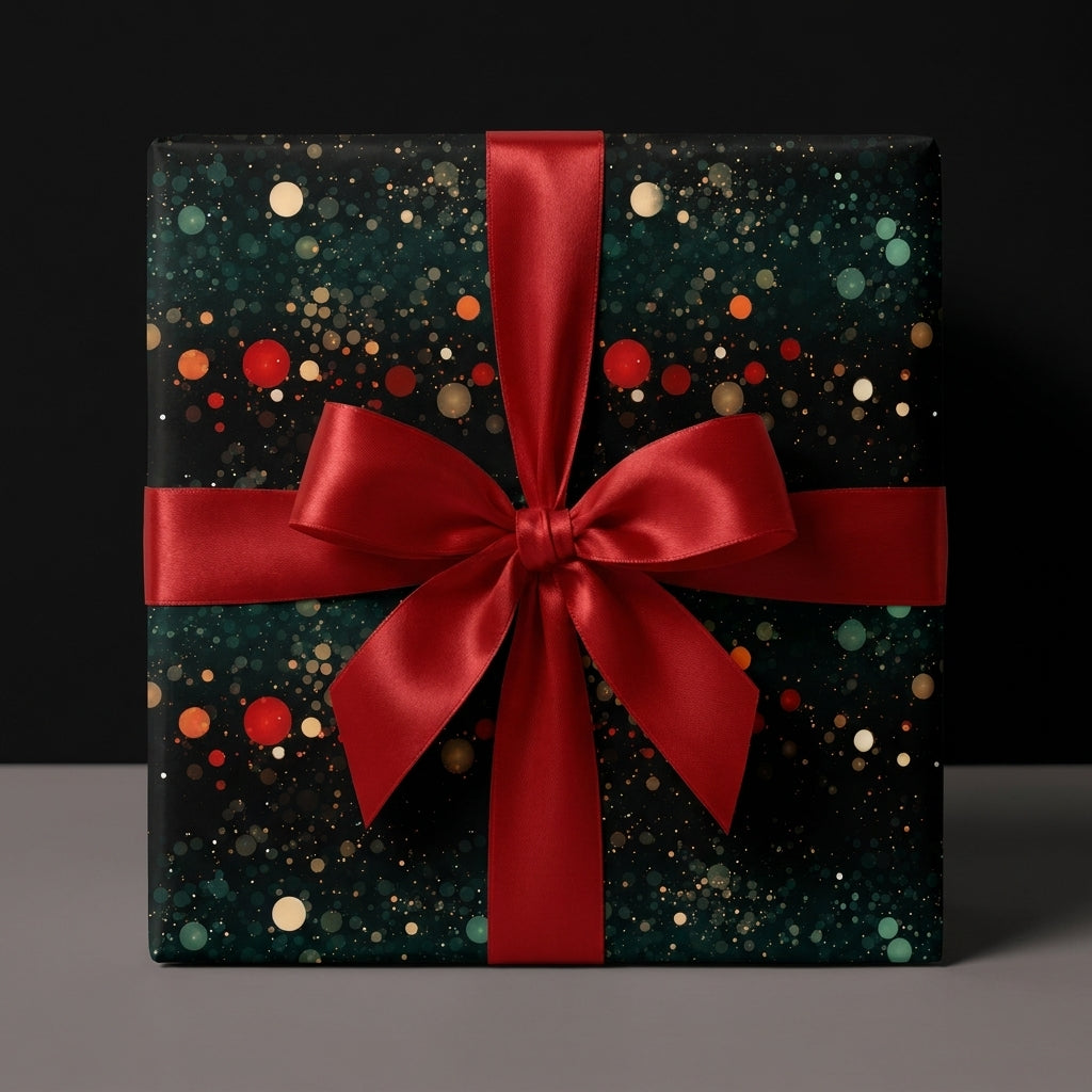 Luxury Christmas gift wrap with red and gold bokeh and a red satin bow by Wrapped Studios.