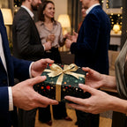 Luxury Christmas gift wrap with a gold bow by Wrapped Studios, exchanged at a festive holiday party.