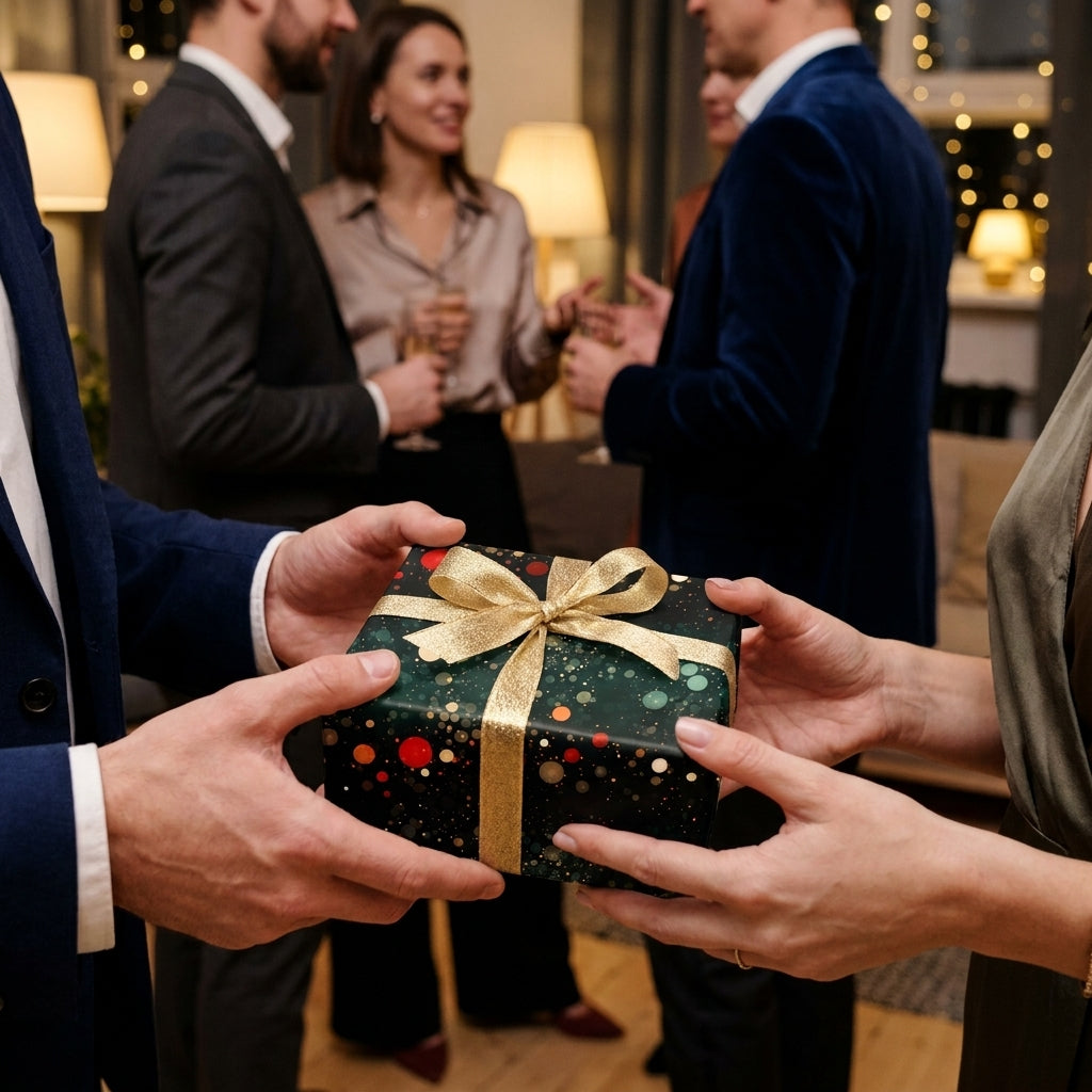 Luxury Christmas gift wrap with a gold bow by Wrapped Studios, exchanged at a festive holiday party.