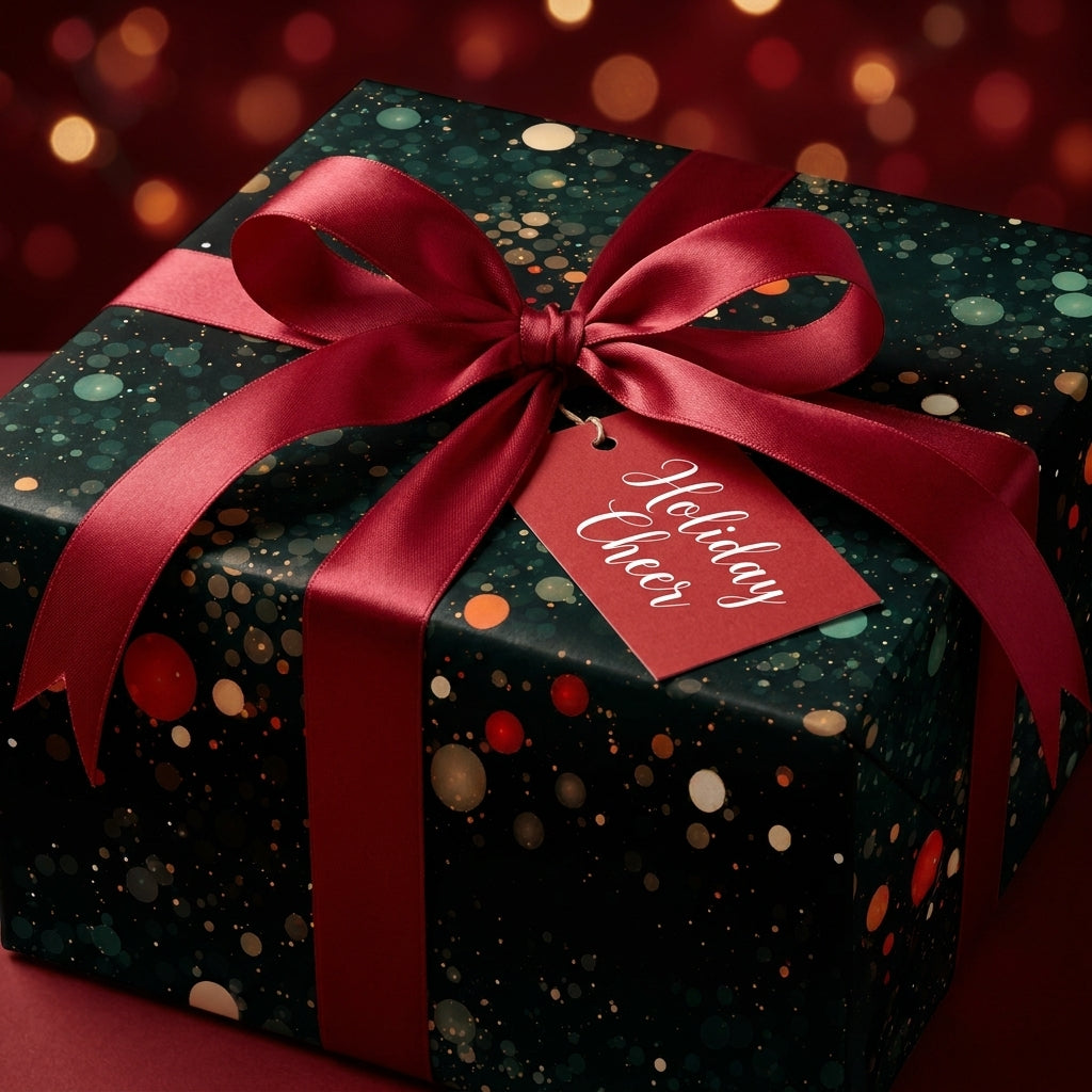 Luxury Christmas wrapping paper with green bokeh pattern, red ribbon and tag by Wrapped Studios.