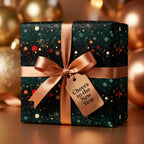 Luxury New Year wrapping paper in dark green with gold confetti and a bronze ribbon bow by Wrapped Studios.