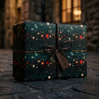 Luxury Christmas gift wrap with dark green bokeh pattern on a box by Wrapped Studios.