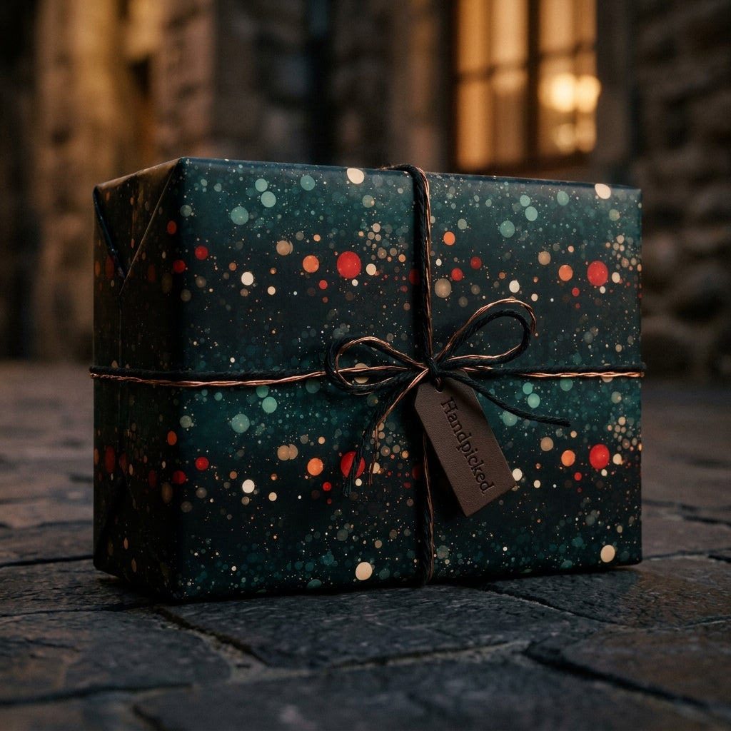 Luxury Christmas gift wrap with dark green bokeh pattern on a box by Wrapped Studios.