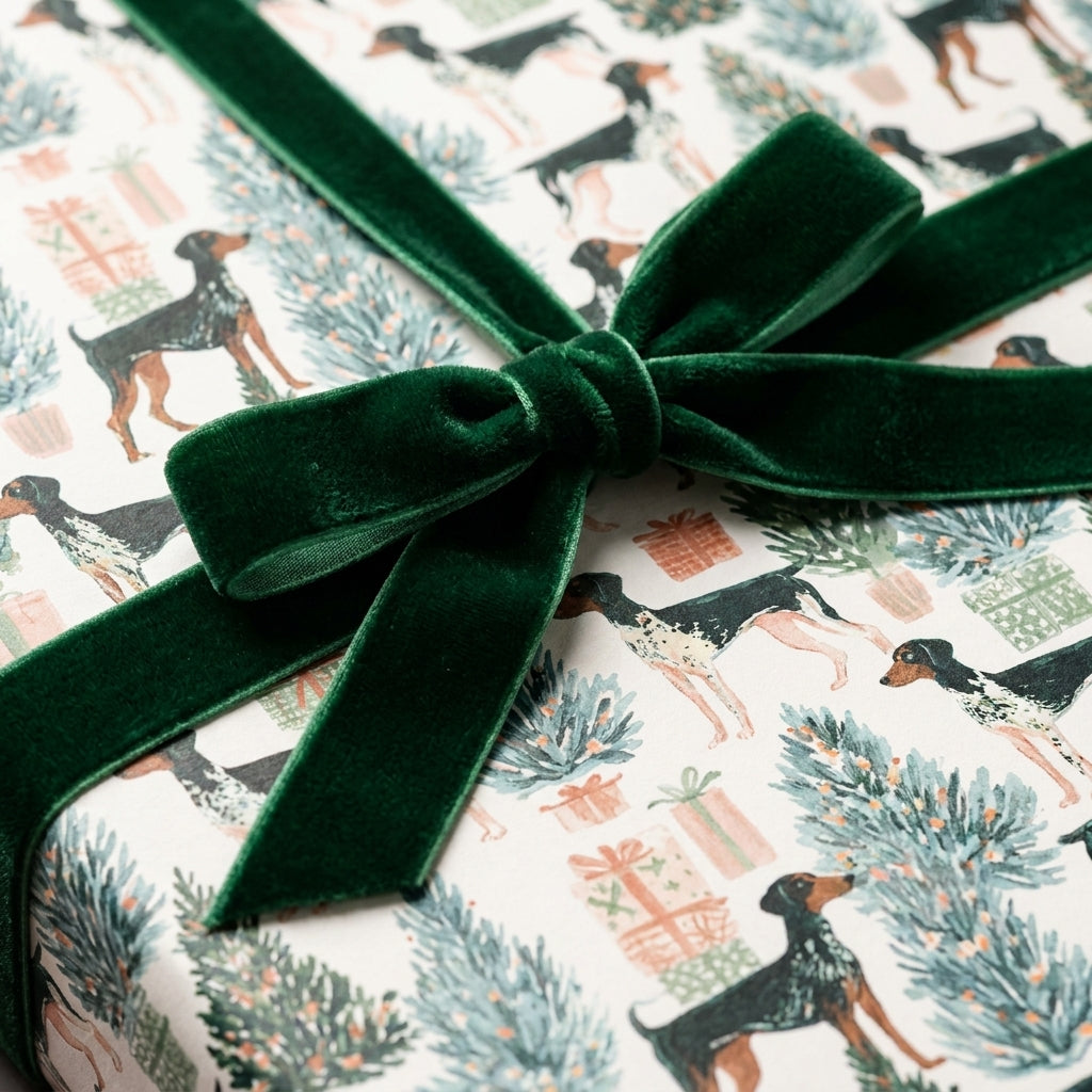 Dog Christmas wrapping paper with a green velvet bow. Luxury holiday gift wrap by Wrapped Studios.