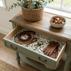 Dog Christmas wrapping paper by Wrapped Studios used as a drawer liner in a rustic console table.
