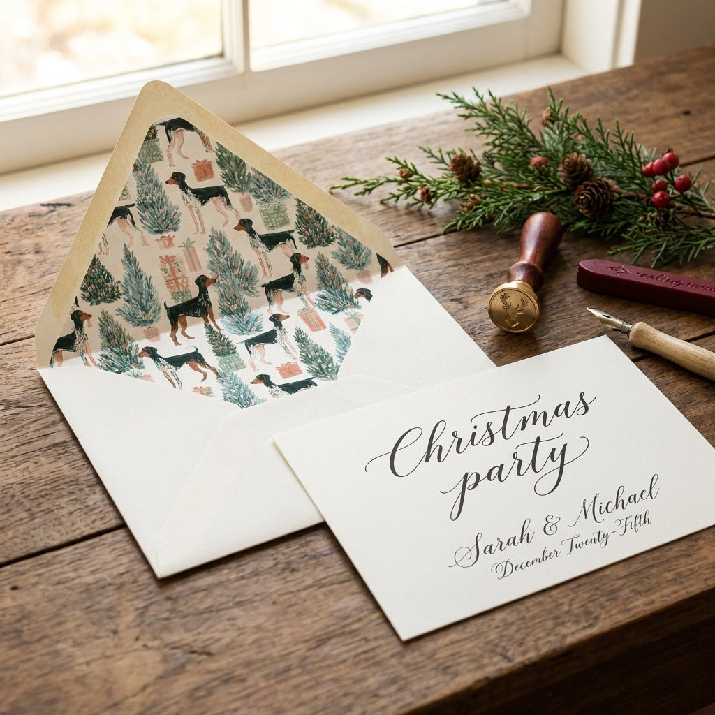 Dog themed Christmas party invitation with a matching patterned envelope liner, by Wrapped Studios.