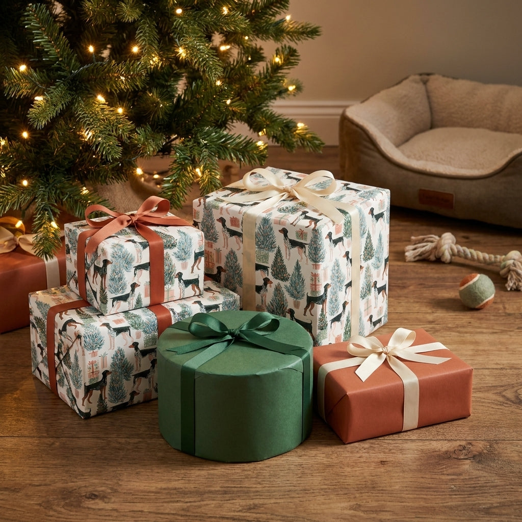 Dog Christmas wrapping paper with hound and tree patterns on gifts under a tree by Wrapped Studios.